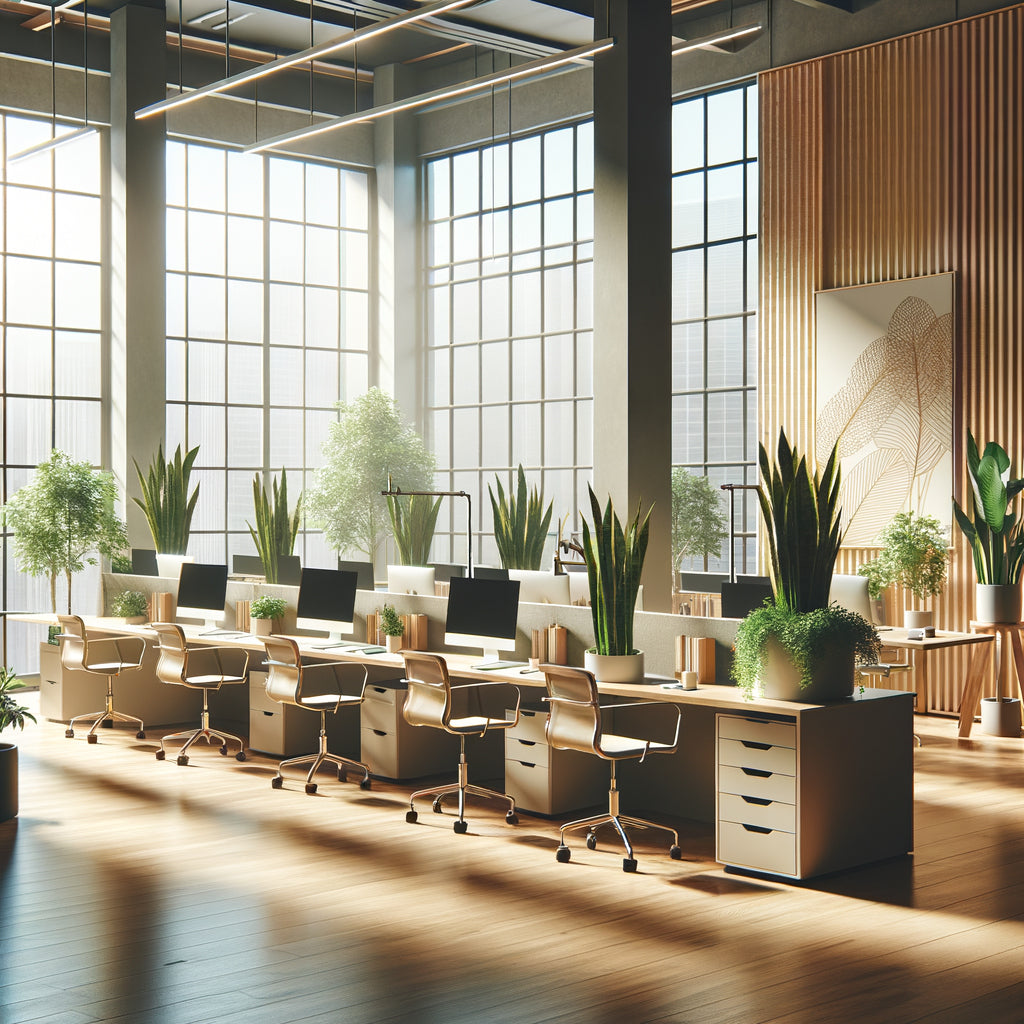 Modern office space filled with natural light, large windows, and abundant indoor plants, showcasing biophilic design and improved indoor air quality for workplace wellness.