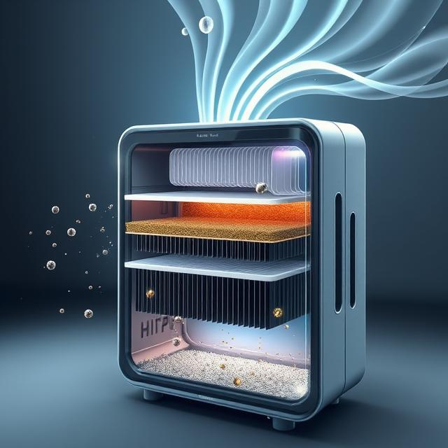 Futuristic air purifier with a transparent cutaway view showing multiple filtration layers, including HEPA and activated carbon, releasing clean air and capturing pollutants.