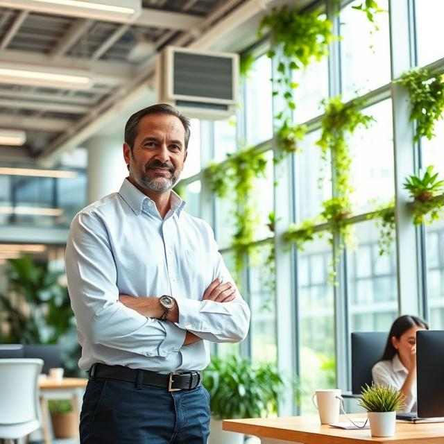 Chief Sustainability Officer Confident standing in a modern, eco-friendly office with large windows and indoor greenery, representing corporate sustainability and workplace air quality.