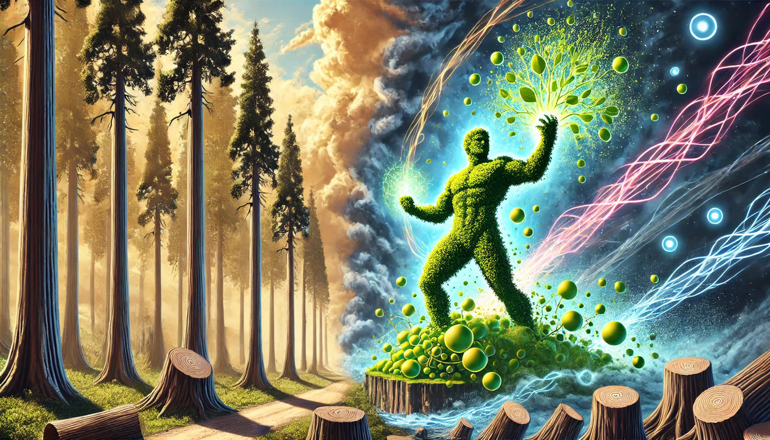 A futuristic depiction of the battle between algae and trees for carbon capture. On one side, towering deforested trees and pollution, on the other, a powerful algae-based figure generating oxygen and absorbing CO2.