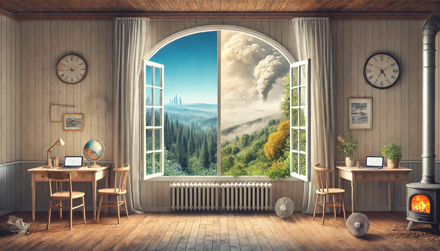 A rustic home office with an open arched window showing a split view—one side with clear blue skies and lush forests, the other with heavy smog and industrial pollution, illustrating the contrast between clean and polluted air.