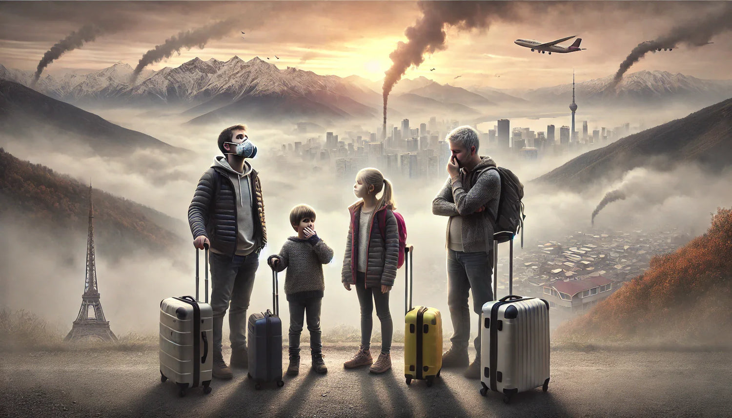 Family of four with luggage stranded in a polluted landscape, surrounded by smog-filled mountains and a city with industrial smoke, illustrating the impact of poor air quality on travel and holidays.