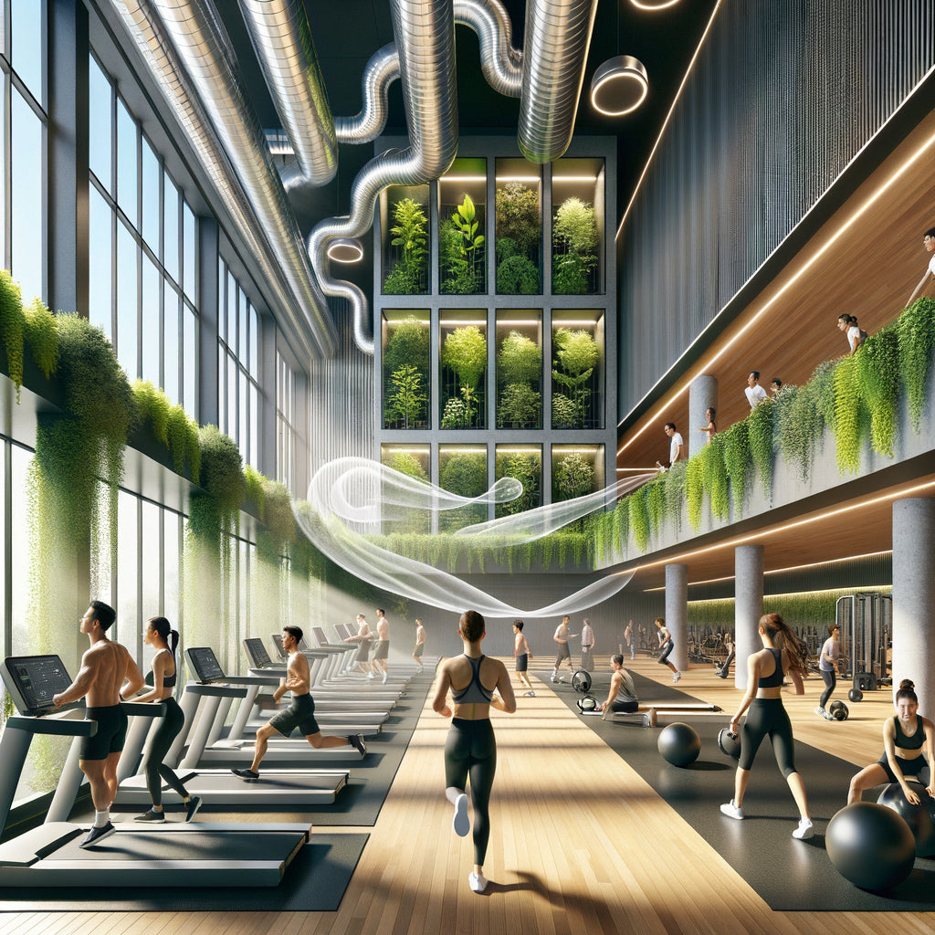 Futuristic eco-friendly gym with lush indoor greenery, advanced air purification systems, and people exercising, highlighting the connection between air quality and fitness performance.