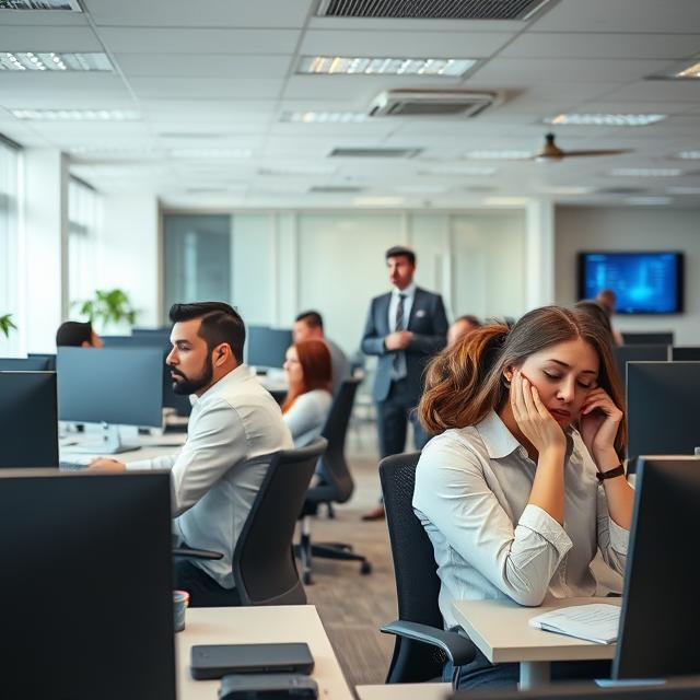 HR managers and Tired employees working in an office with poor air quality, showing fatigue and lack of focus, highlighting the impact of CO2 levels on workplace productivity and employee well-being.