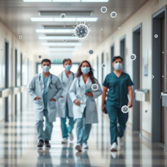 Medical professionals walking down a hospital corridor wearing masks, with airborne pathogens illustrated, highlighting the importance of indoor air quality in healthcare environments.