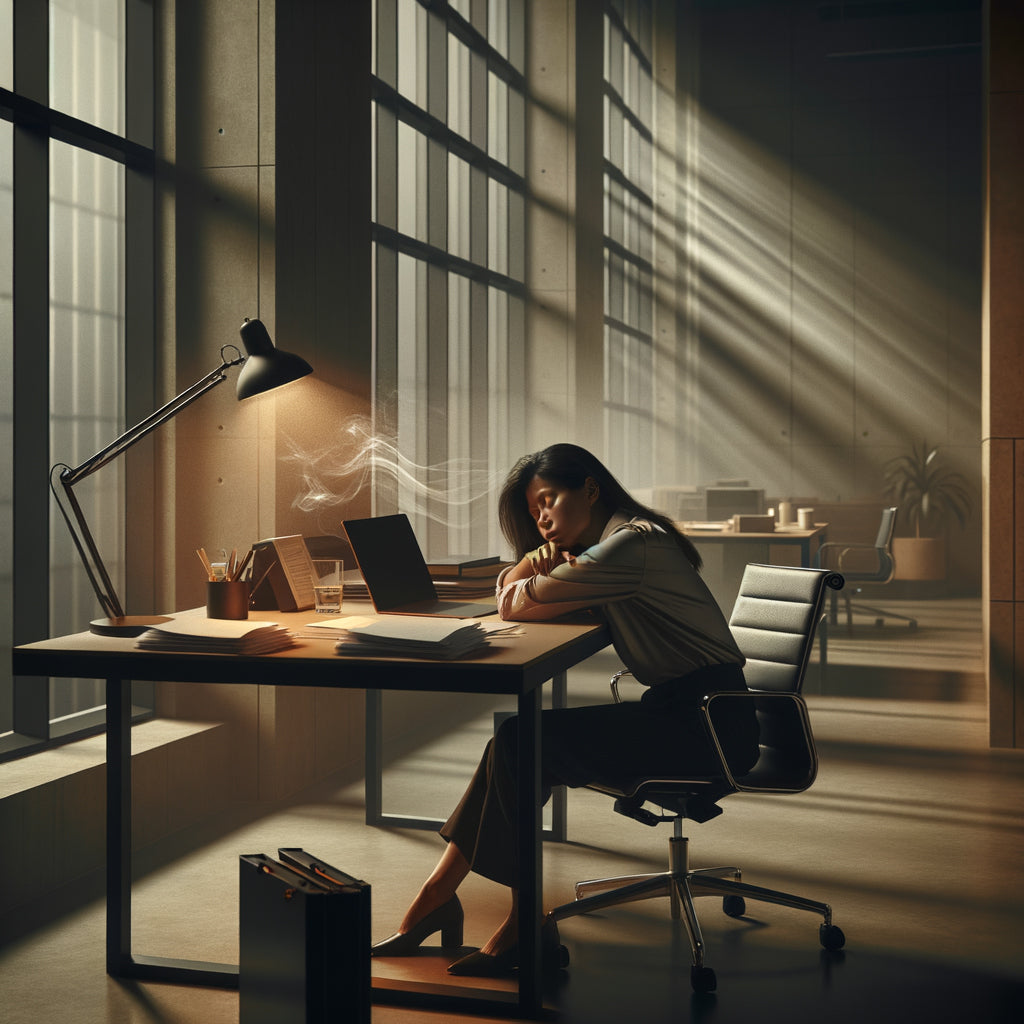 Exhausted office worker asleep at her desk in a dimly lit workspace, with poor air circulation and CO2 buildup affecting productivity and cognitive function.