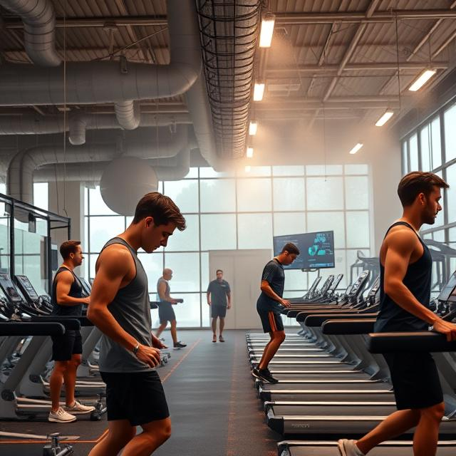 Gym with people running on treadmills under industrial ventilation, highlighting the impact of indoor air quality on athletic performance and workout environments.