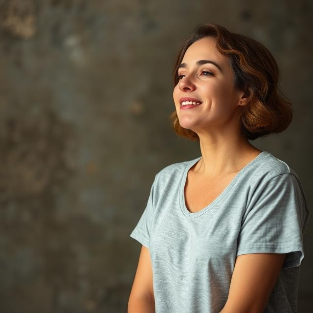 Woman taking a deep breath, looking refreshed and relaxed, symbolizing the benefits of clean indoor air and mindfulness.