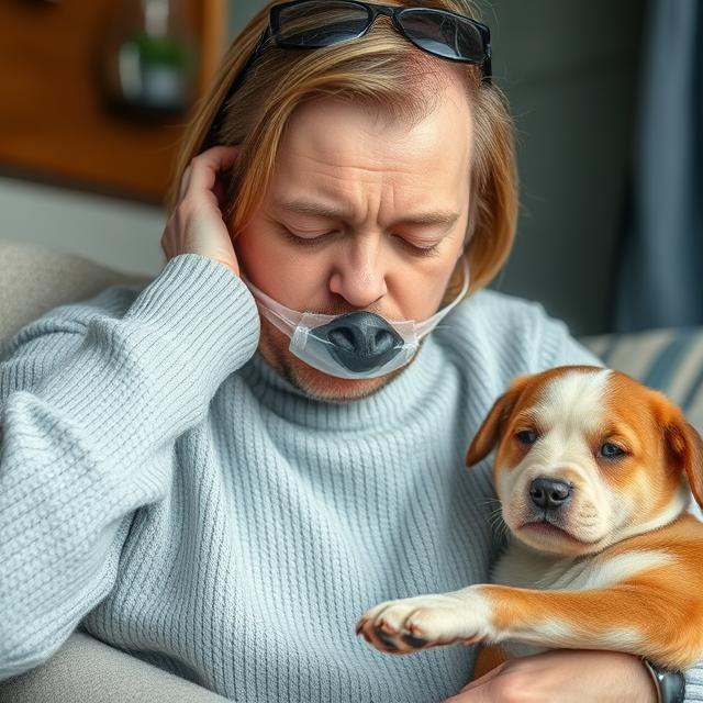 Man wearing an anti-pollution mask while holding a puppy, struggling with indoor air allergies and poor air quality.