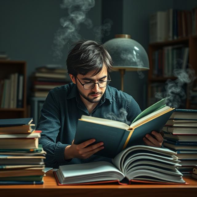 Student studying intensely in a library, surrounded by stacks of books, with visible air quality effects symbolizing CO2 buildup and mental fatigue.