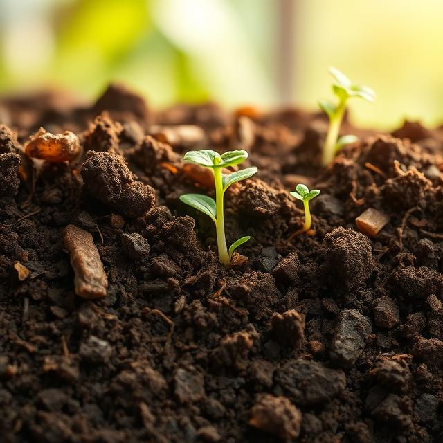 Close-up of rich, healthy soil with small green seedlings sprouting, highlighting soil regeneration, plant growth, and sustainable agriculture.