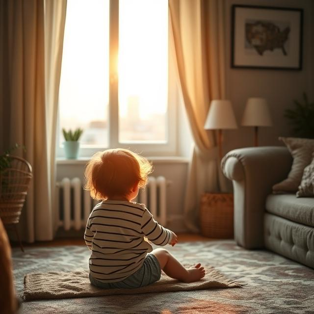 Young child sitting on a rug in a sunlit living room, gazing out of a window, symbolizing the impact of indoor air quality on childhood development and well-being.