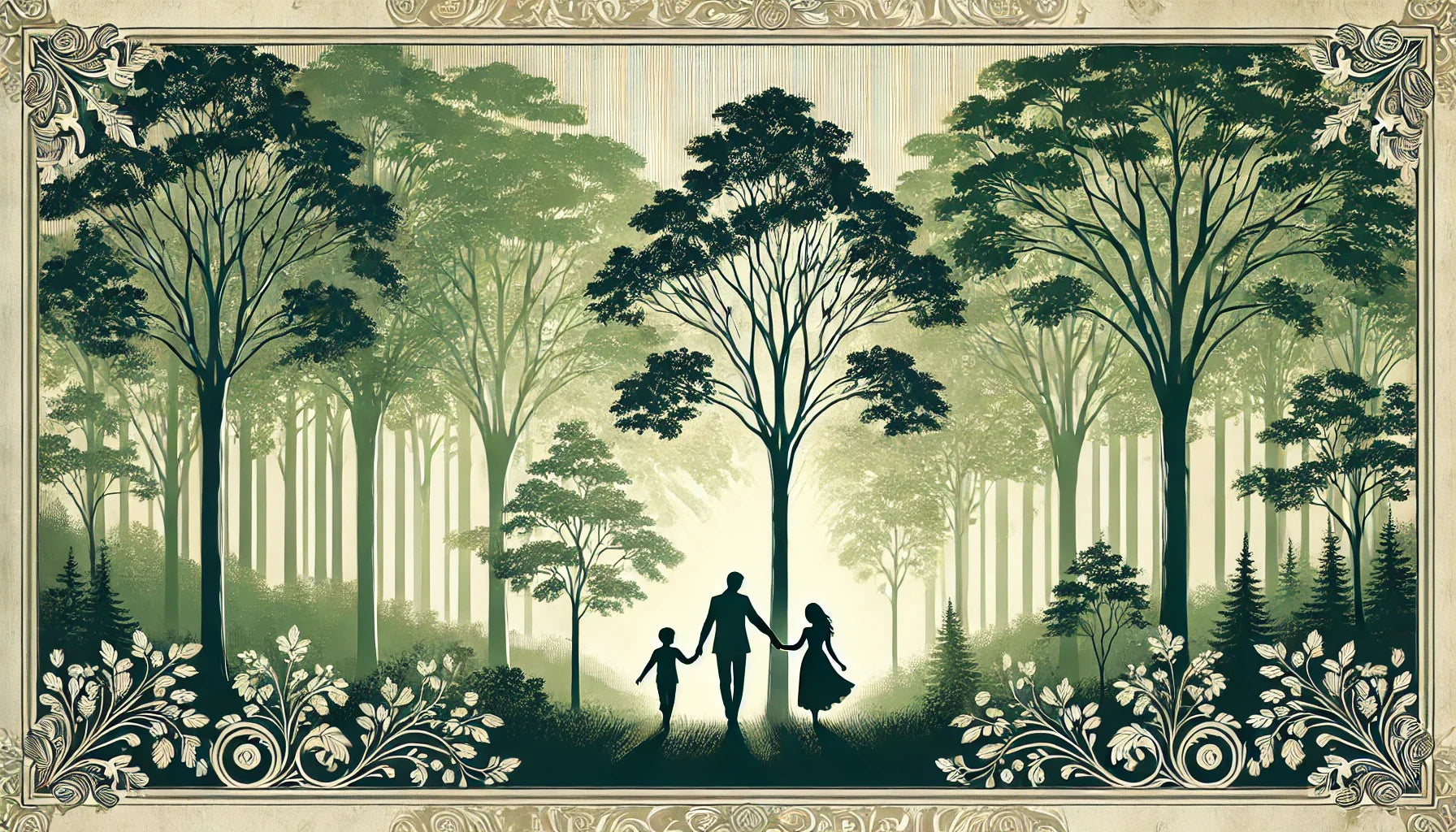 Vintage-style illustration of a lush green forest with a family walking hand in hand, symbolizing nature conservation, sustainability, and environmental harmony.