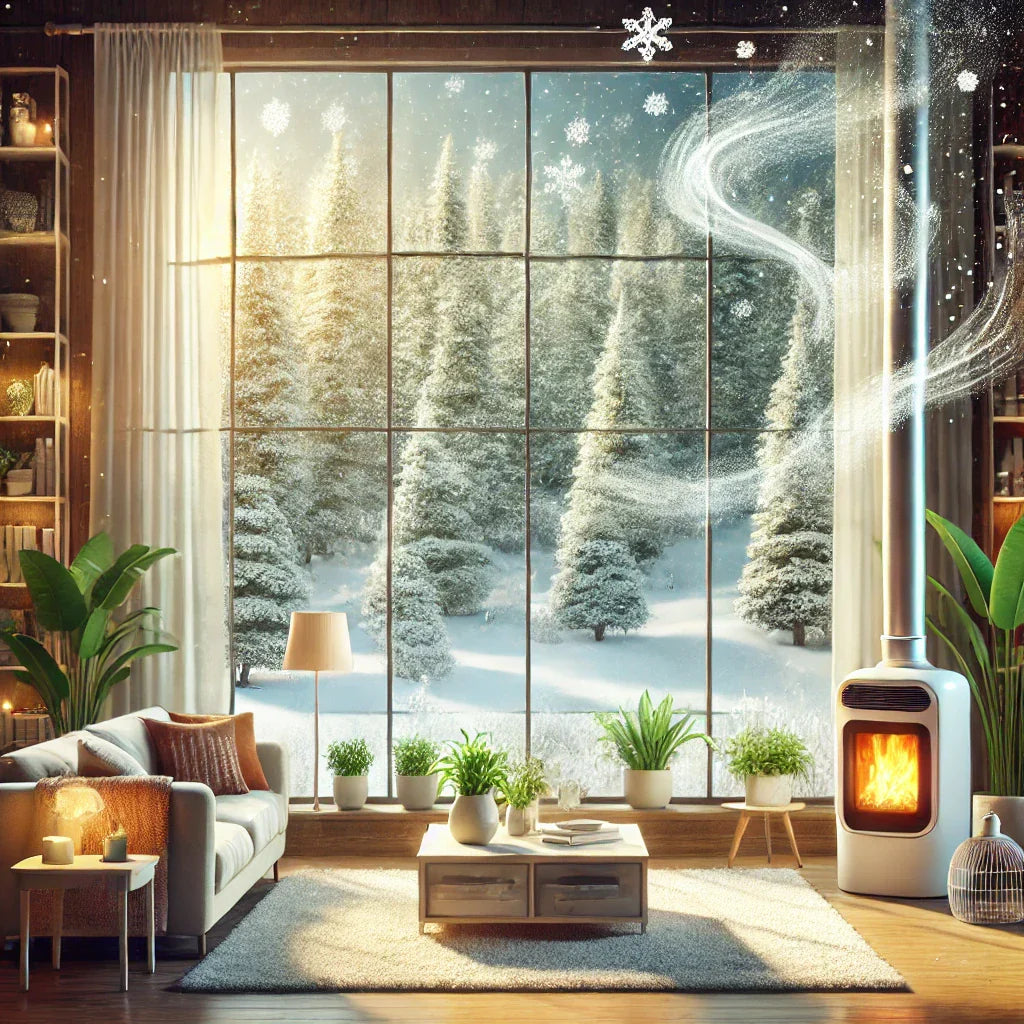 Cozy winter living room with large windows overlooking a snow-covered forest, warm fireplace, and lush indoor plants, symbolizing indoor air quality in cold weather.